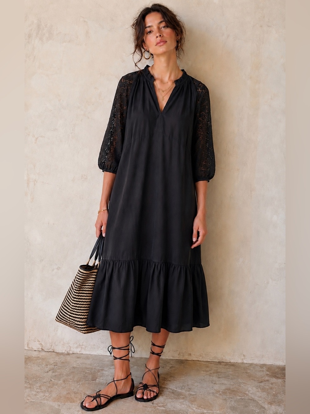 GAP Cotton Lace-Sleeve Midi Dress